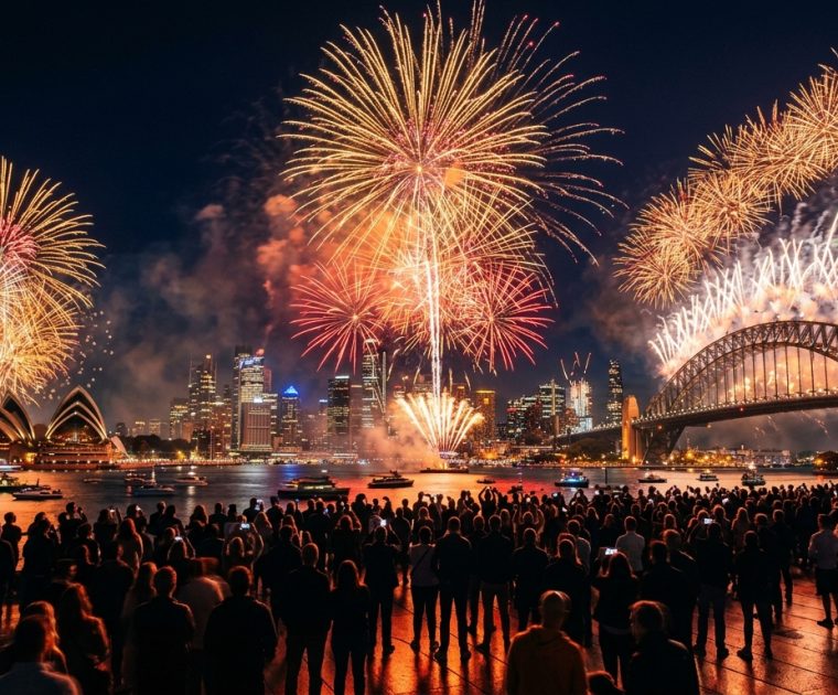 Spectacular professional fireworks display exploding in gold and orange over an Australian outdoor event with crowd of silhouetted spectators watching below