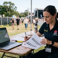 Licensed pyrotechnician reviewing official fireworks permit documents and state compliance checklist at an outdoor Australian event venue