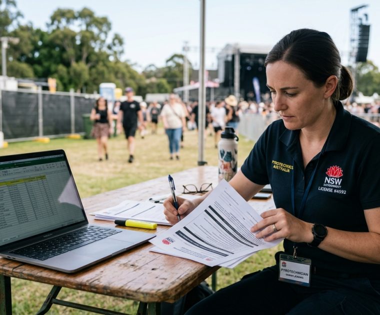 Licensed pyrotechnician reviewing official fireworks permit documents and state compliance checklist at an outdoor Australian event venue